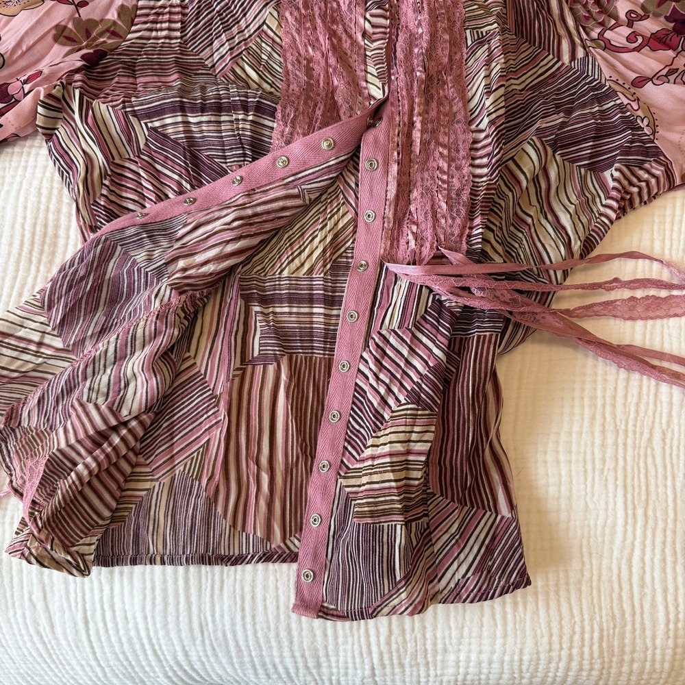 Jaipur Y2K ButtonUp Satin Fairy Crinkle Blouse Top Lace Pink Women XL VTG Whimsy - Picture 7 of 8